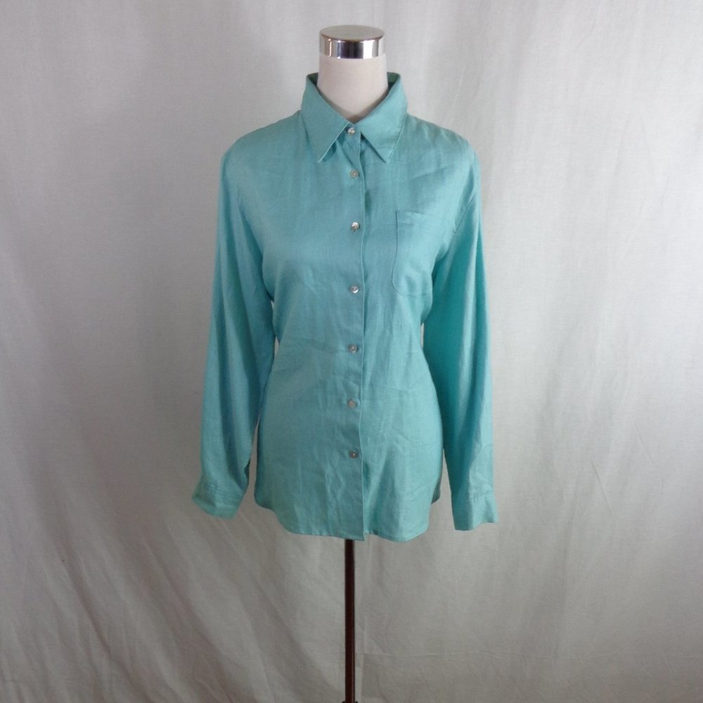 CASUAL CORNER WOMEN'S SHIRT SZ L GREEN 100% LINEN.